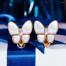 Stud Earrings Classic Butterfly Studs Buckle S925 Sterling Silver Gold Plated Pearl Zircon For Women Fine Jewellery Party Holiday 2023