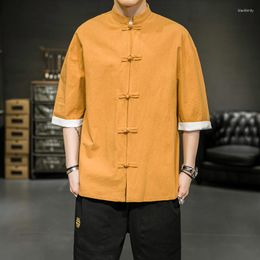 Men's Casual Shirts 2023 Summer Korean Style Disc Buckle Standing Collar Design Men Loose Mixed Colour Sleeve Size M-5XL