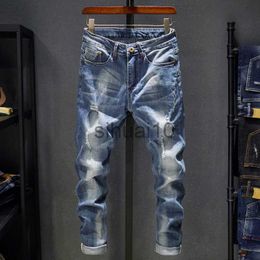 Men's Jeans Ripped Jeans Men Slim Fit Light Blue Stretch Fashion Streetwear Frayed Hip Hop Distressed Casual Denim Jeans Pants Male Trousers J230728