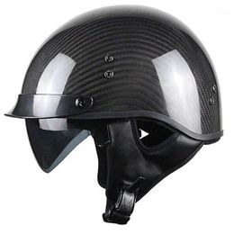 Voss 888CF Genuine Carbon Fibre DOT Half Helmet with Drop Down Sun Lens and Metal Quick Release - S - Gloss Carbon1271o