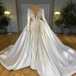 Dubai Gorgeous A-line Wedding Dresses With Detachable Train Ruched Satin Pearls Beads Mermaid Bridal Gowns Long Sleeve Marriage Dr326Y