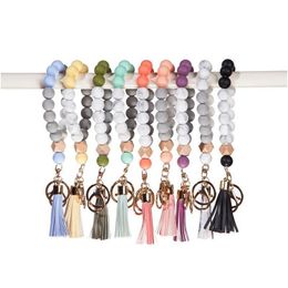 Keychains Lanyards Sile Key Ring Bracelet Beaded Wrislet Keychain Portable House Car Keys Holder For Women Girl Bead Chain Wristlet Ota8D