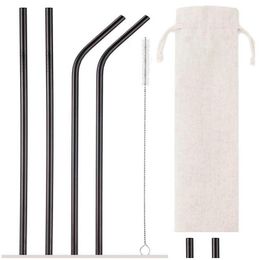 Drinking Straws 6Pcs Set Stainless Steel Sts With Cleaning Brush And Pouch Reusable Straight Bent Metal St For Fruit Juice Milk Drop D Otbl4