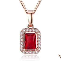 Pendant Necklaces Fashion Luxury Rose Gold Square Necklace Women Engagement Red Crystal Rhinestone Zircon Cubic Zirconia Party Jewellery Dh0Mo