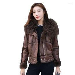 Women's Fur 2023 Autumn Winter Double-faced Furs Coat Women Hair Liner Wool Collar Jacket Motorcycle Leather Female Short Tops