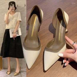 Dress Shoes Summer 2023 With Medium Heels Women's Vintage Sandals For Woman Luxury Footwear Office Work Pointed Toe Beige Closed Korea