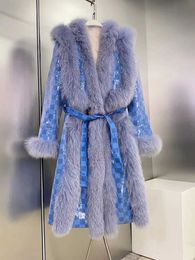 Women's Fur Faux Fur FURTJY 2023 Spring Winter High-end light luxury fur stitching denim sequined long fur coat V-Neck Fashion Design HKD230727