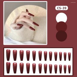 False Nails 24PCS Wine Red Fake Long Flat Head French Style Finished Nail Piece With Jelly Gel/Glue Artificial MH88