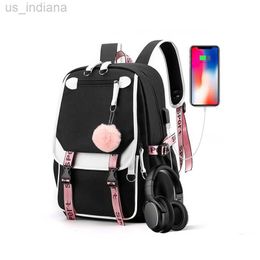 School Bags Big backpack for young girls USB port canvas school bag student backpack fashionable black pink youth backpack Z230801