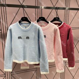 23SS Colour striped sweater embroidered knitting Three-dimensional embroidered large crew neck pink knit sweater pullover knitted letter jacquard sweater