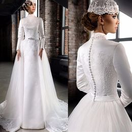 Modest Satin A Line Muslim Wedding Dresses High Neck Satin Long Sleeves Lace Applique Beaded Bridal Gowns With Tulle Detachable Tr219D