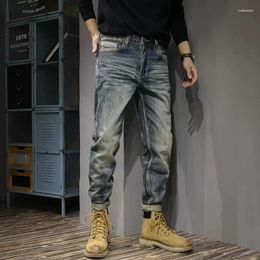 Men's Jeans Fashion Designer Men Retro Blue Washed Elastic Slim Fit Ripped Long Trousers Vintage Casual Denim Pants Hombre