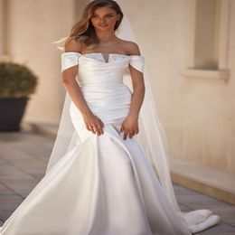 Sexy Plus Size Mermaid Wedding Dresses Beaded Crystals Short Sleeves Off Shoulder Strapless Sweep Train Draped Pleats Bridal Gowns288n