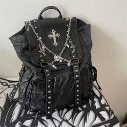 School Bags MBTI Goth Y2k Backpacks for Women Black Punk Rivet Chain School Students Bag Pu Leather Cross Skeleton Fashion Female Backpacks 230729