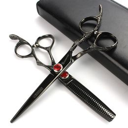 Black Professional Hairdressing scissors 6 0 inch 440c cutting shears Japanese hair salon hair styling to thinning scissors set295s