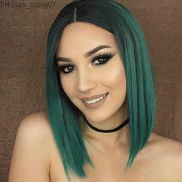 Synthetic Wigs Green Lace Front Wigs Dark Roots Ombre Green 2 Tone Colour Short Bob Wig Heat Resistant Fibre Synthetic Hair Glueless Lace Wigs for Women Z230731