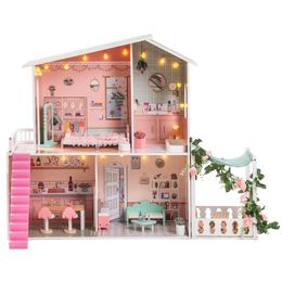 Tools Workshop Robud Wooden Dollhouse Dreamhouse for Kids Toddler with Light 25 PCS Accessories Fit 13-Inch Dolls Present Gift for Girl 3 230729