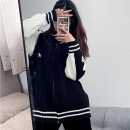 Women's Knits Deeptown Korean Style Black Sweater Women Vintage Zipper Knitted Female Cardigan Harajuku Knitwear Oversized Streetwear Autumn