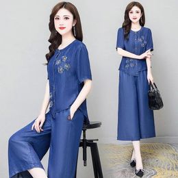 Women's Two Piece Pants Denim Suit Women 2023 Summer Korean Fashion Middle-aged Mother Casual Wide-leg Two-piece Thin Ladies 2 Set