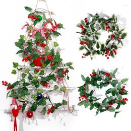 Decorative Flowers 2M Artificial Holly Leaves Red Berries Christmas Garlands Rattan Xmas Tree Hanging Ornaments DIY Fake Liana Garden