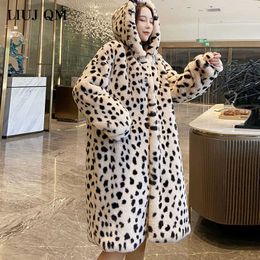 Women's Fur Faux New Leopard Print Coat Women Winter Warm Parka Long Oversize Hooded Furry Overcoat Jacket Clothing HKD230808