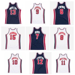 USA 1992 Team Michael Jordan Basketballtrikot Mitchell und Ness Larry 7 Bird Johnson Throwback John Stockton Scottie Pippen Patrick Ewing Weiß Blau Größe S-XXL