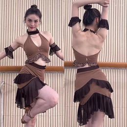 Stage Wear Summer Brown Latin Dance Costume Ruffled Tops Skirt Cha Rumba Samba Practise Clothing Adult Dress Suit DNV17940
