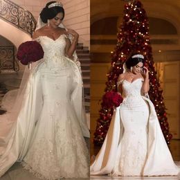 African Elegant Beaded Lace Wedding Dresses With Detachable Train Off Shoulder Mermaid Bridal Gowns Applique Ivory Satin Wedding D2546