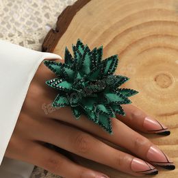 Korean Big Flower Rings for Women Bohemian Gold Plated Adjustable Crystal Cloth Flower Open Finger Ring Beach Party Gift