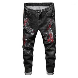 Men's Jeans Men's Chinese Dragon Embroidery Denim Trendy Slim Straight Stretch Pants Black Blue1289f