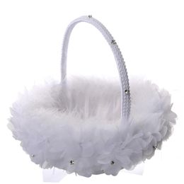 White Ostrich Feather Flower Girl Basket Elegant Round Silk Flower Basket Wedding Favours Wedding Accessory227J