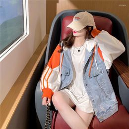 Women's Jackets Hooded Sweater Patchwork Denim Jacket Female Loose Spring 2023 Korean Casual Fashion Ripped Coat Women Clothes Contrast