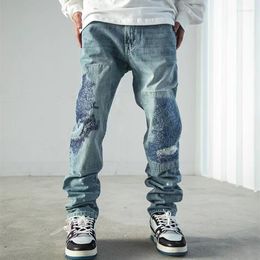 Men's Jeans 2023 Y2K Streetwear Patch Embroidery Ripped Stacked Pants Men Clothing Straight Old Hip Hop Denim Trousers Pantalon Homme