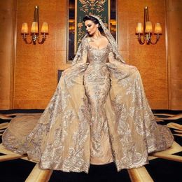 Luxury Gold Mermaid Lace Wedding Dresses With Detachable Train V Neck Appliqued Beaded Bridal Gowns Long Sleeves Organza robes de 227a