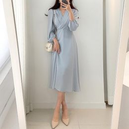 Casual Dresses Korean Chic Autumn Vintage Style Pleated Cross V-neck High Waist Slim Chiffon Dress Over Knee Long For Women