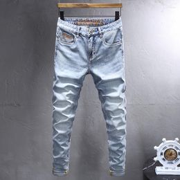 Men's Jeans Korean Style Fashion Men High Quality Retro Light Blue Elastic Slim Fit Embroidery Designer Vintage Denim Pants