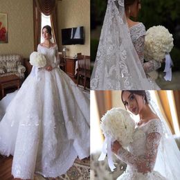 2020 Ball Gown Wedding Dresses Dubai Off Shoulder Lace Tulle Applique Long Sleeve Wedding Gowns Sweep Train Sequins Vintage Bridal238B