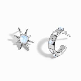 Japan and South Korea Sterling Silver S925 Asymmetric Six Star C Moonlight Stone Earrings Women's Simple Earrings