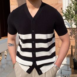 Men's Sweaters British Contrasting Stripes Knitted Cardigan Men Coat Casual Short Sleeved Vneck Breathable Versatile Top 230731
