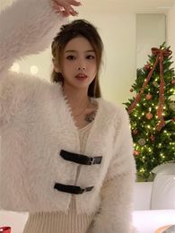 Women's Fur Faux Mink Coat White Belt Buckle Design Jackets For Women Down Coats Especially Winter Cold Female Hairy Woman