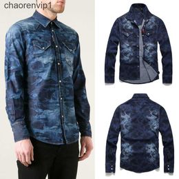 Men Camouflage Painted Denim Shirt Male Long Sleeve Casual Slim Fit