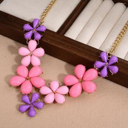 Chains Pink And Blue Flower Pendant Bib Bubble Necklace Gold Colour Women Fashion Bohemian Statement Necklaces