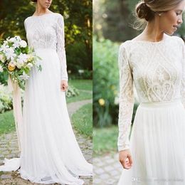 Detail Lace Floral Vintage Bohemian Wedding Dresses 2020 Country Style Long Sleeves Fairy Plus Size Garden Farm Bridal Reception D246E