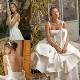 Ivory Lihi Hod Beach Wedding Dresses Square Neck Pleated Bridal Gowns A Line Sweep Train Satin Covered Buttons Back robe de mariee276n
