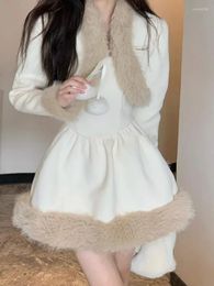 Work Dresses 2023 Autumn Winter Sweet Faux Fur Coat A-line Mini Dres 2 Piece Set Women Solid High Waist Cute Dress Suit Long Sleeve