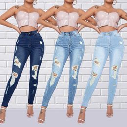 Women's Jeans In Small Hole Feet Elastic Tight Slim Beggar