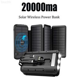 Cell Phone Power Banks Solar Power Bank 20000mAh Built in Cable Wireless Solar Charger Waterproof Solar Battery Charger for iPhone Samsung Outdoor L230731