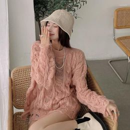 Women's Sweaters Trend Luxury Ladies Sweater Dress Blue With Headings Knitted Tops For Women Vintage Crochet Long Cashmere Winter