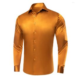 Men's Casual Shirts Hi-Tie Orange Solid Silk Mens Lapel Long Sleeve Dress Shirt Soft Blouse For Male Formal Wedding Business Oversized