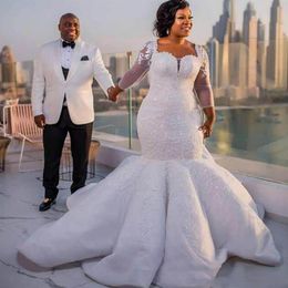 South African Long Sleeve Mermaid Wedding Dresses Lace Appliques Plus Size Sheer Neck Bridal Gowns See Through Back Long Wedding V277P